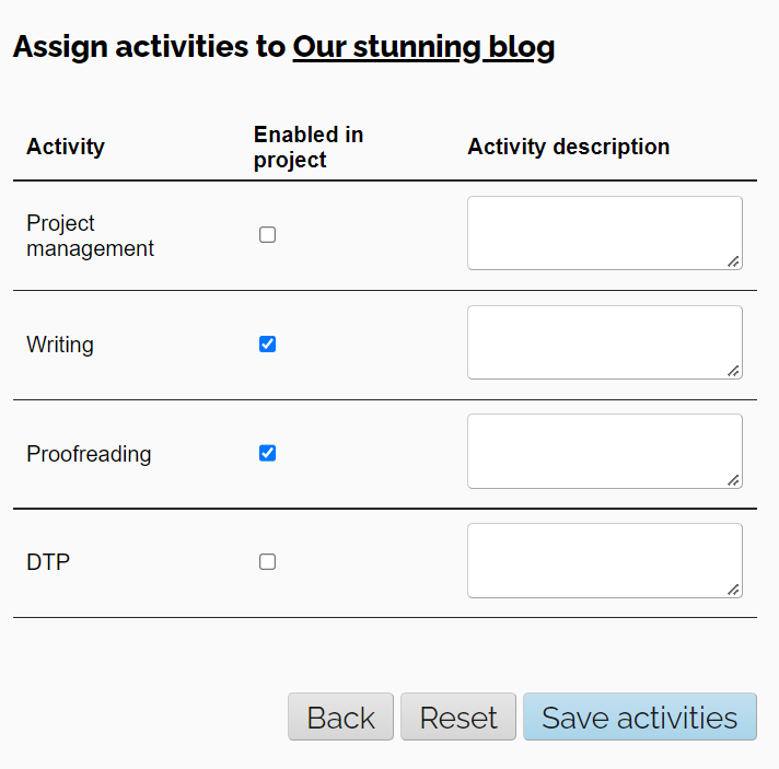 Screenshot: Add activities to project